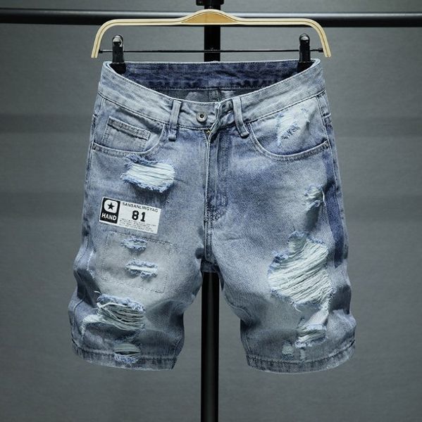 

summer mens denim shorts casual distrressed hole streetwear male jeans plus size asian size 28-36 free shipping, Blue