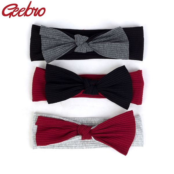 

geebro newborn baby boys girls cotton ribbed headbands kids childs soft stretch bow knot headwear hair bands accessories, Slivery;white