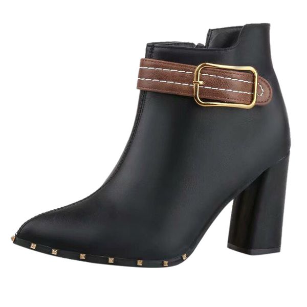 

womens booties 2019 women's casual pointed toe short ankle boots red color buckle high heels thick square heel shoes basic boots, Black