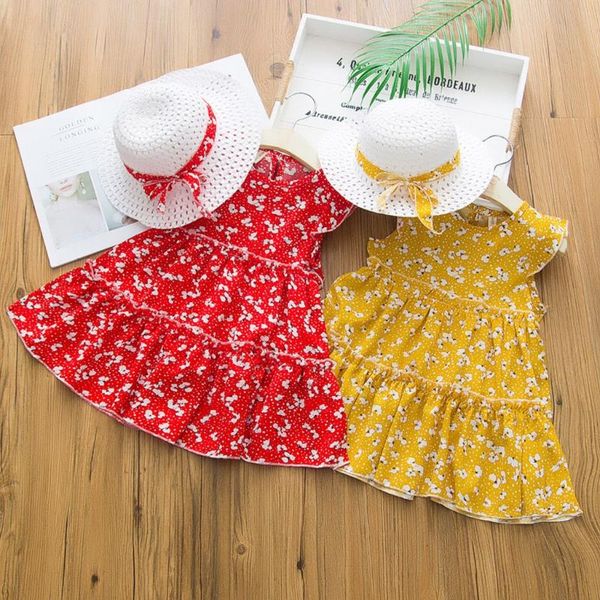 

дети девочки рукавов рябить цветочная печатный торт платье с hat outfit set summer dress casual детская одежда vestidos, Red;yellow