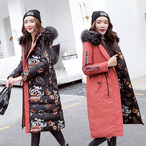 

fur collar reversible hooded winter down coat jacket long thick warm women casaco feminino abrigos mujer invierno wadded parkas, Black