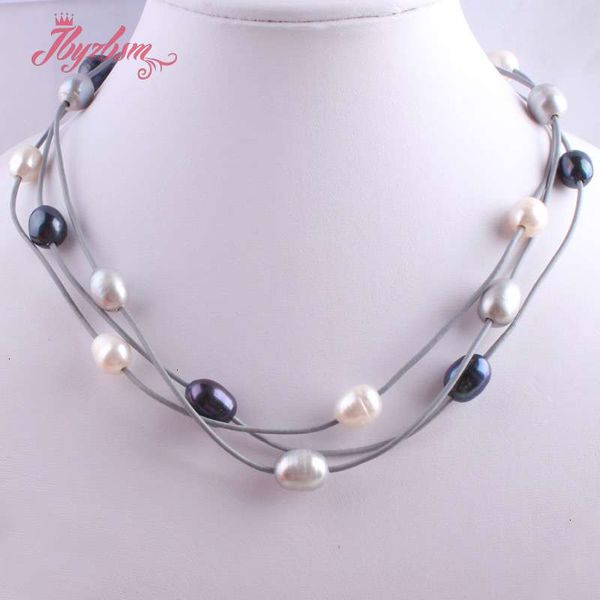 

10-12mm oval freshwater pearl natural stone beads for christmas new year gift jewelry leather necklace lobster clasp 16, Silver