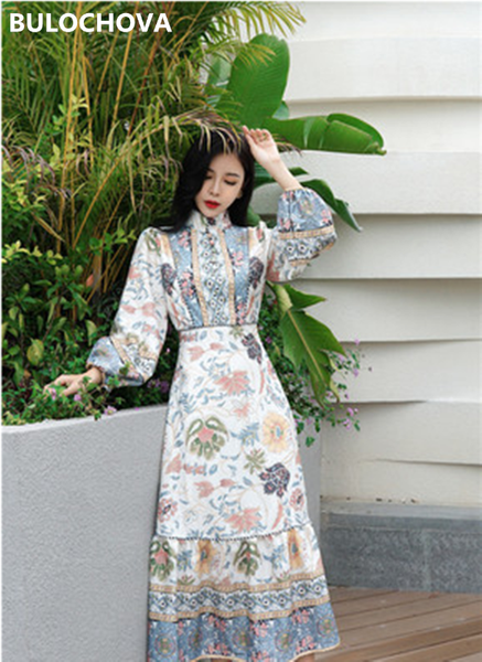 

casual dresses retro royal court print women stand collar high waist slim long dress 2021 spring ladies floral lantern sleeve ruway, Black;gray