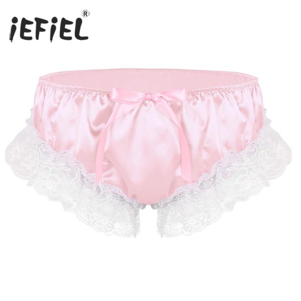 

mens sissy panties shiny soft ruffled floral lace custom satin lingerie low rise stretchy bikini briefs gay male underwear, Black;white