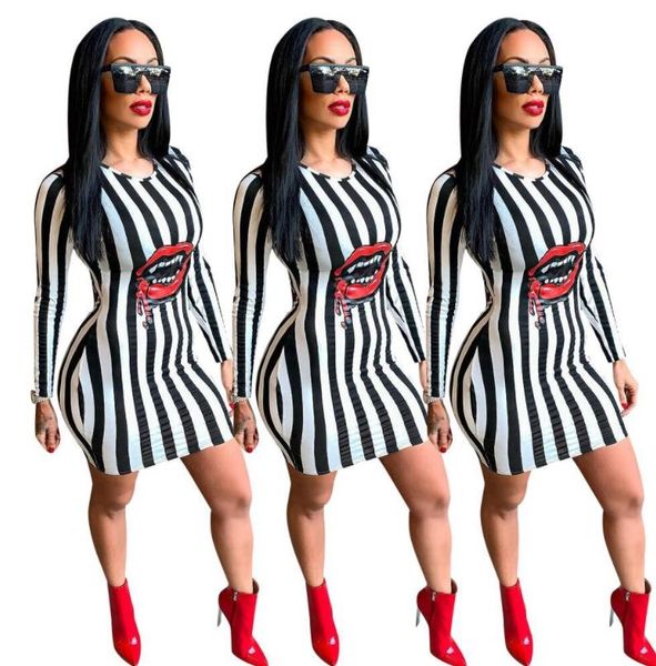 

Women Spring Striped Red Lip Design Dress Bodycon Dresses Fashion Clothes Dress