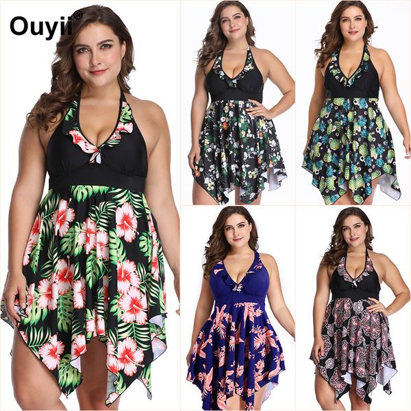 

summer large size swimming skirt printed women's push up high waist swimwear 2019 new fashion swimsuit two-piece bikini suit, White;black