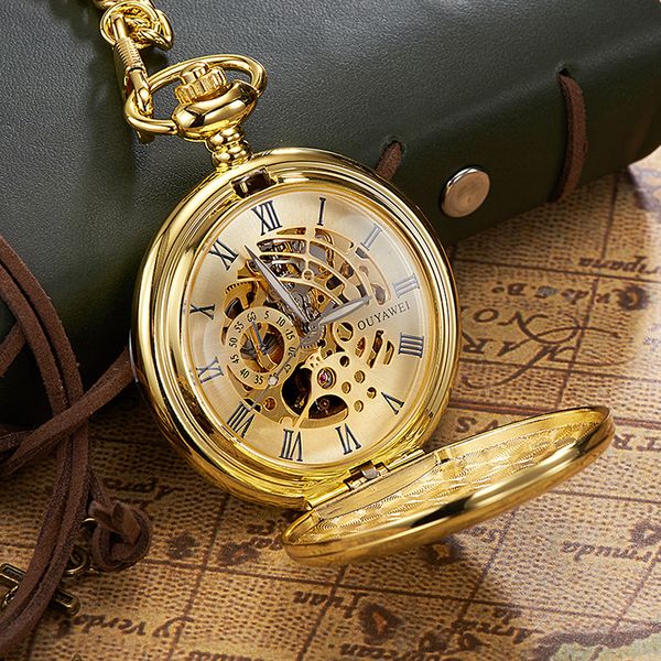 

watches chain wind ouyawei pocket watches hunter women mechanical hand 2019 skeleton brand gift men gold luxury relogio double bqfnu, Slivery;brown