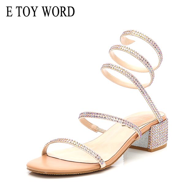 

e toy word snake-shaped winding sandals 2020 new women summer rhinestone sandals thick heel roman women shoes, Black