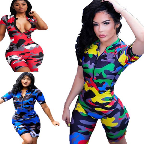 

camouflage digital print short sleeves pack hips tight jumpsuit woman. 2019 summer v-neck zipper sexy, Black;white