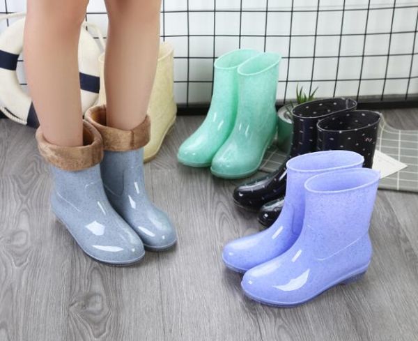 

women new arrival rain shoes boots mid calf antiskid design low square heels winter add cotton spring autumn, Black;red