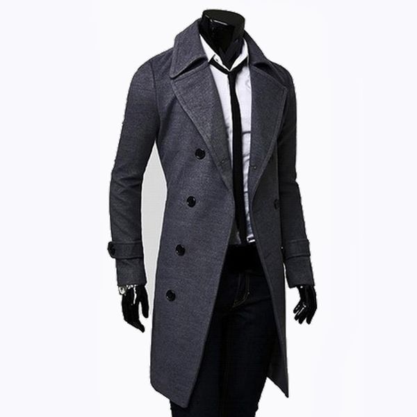 

2019 autumn winter long trench men's solid color woolen coat casual fashion slim male coat double-breasted mwf375, Black