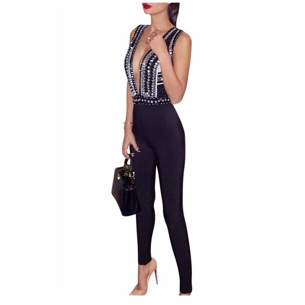 

2017 sleeveless new arrival women black v neck crystal embellishment bandage jumpsuit wholesale dropshipping, Black;white