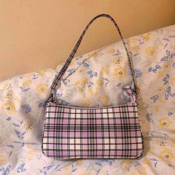 

vintage plaid women shoulder bag lattice women handbags 2020 new underarm woman bags baguette shape female tote