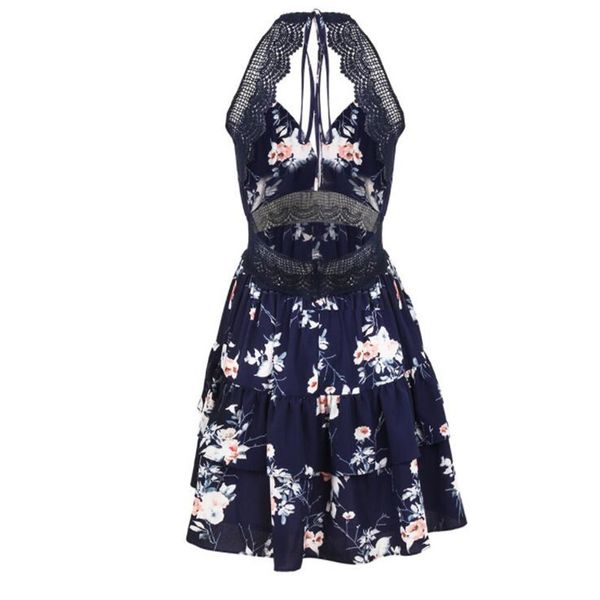 

Summer Vacation Beach Dresses Printed Women Clothes Sexy Sleeveless Backless Lacework Deep V Mini Dress For Woman Female Costume