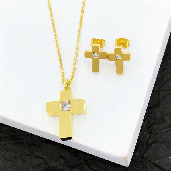

fashion cubic zirconia cross necklaces earings crucifix christian pendants for woman men stainless steel gold chain jewelry sets, Silver