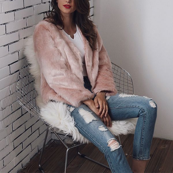 

новая мода зима женщин ladies luxury пушистый шуба элегантный теплый с длинным рукавом party club jacket streetwear фам плюс размер, Black