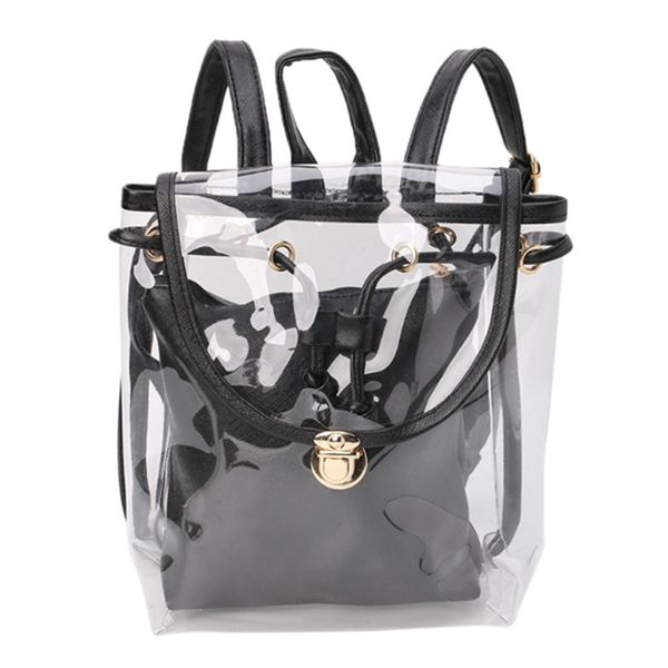 

2 in 1 clear drawstring backpack for women girl transparent travel beach rucksack bag female pvc shoulder bags backpack