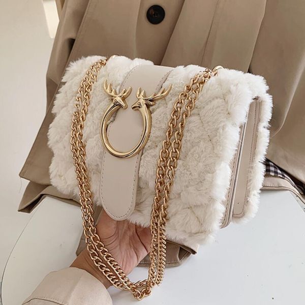 

elegant female plaid square bag 2019 winter new quality soft plush women's designer handbag lock chain shoulder messenger bags