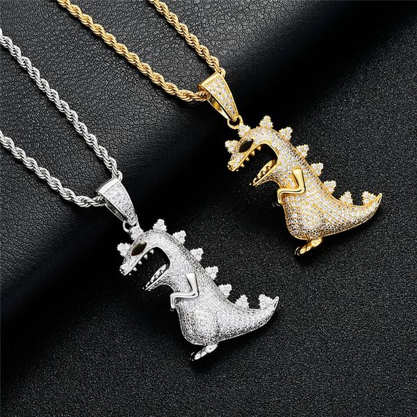 Collana con ciondolo simpatico dinosauro placcato oro 18 carati ICED OUT zircone regalo di gioielli hip-hop da uomo