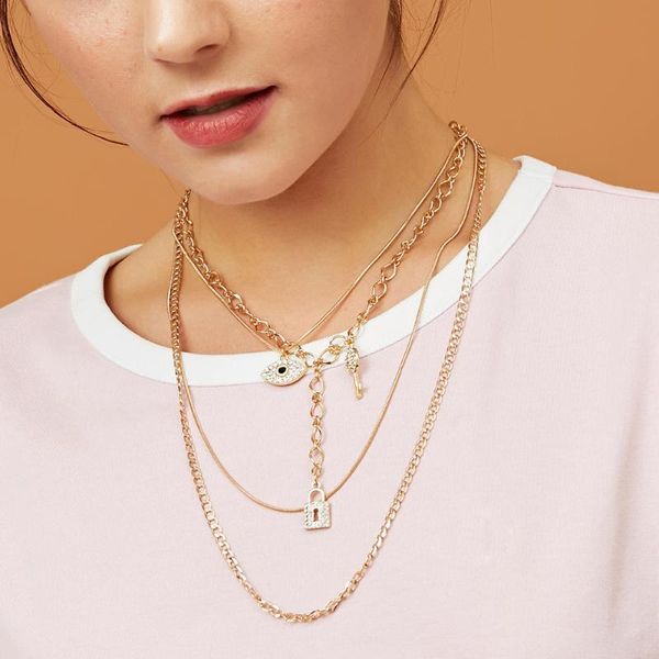 

lalynnly rhinestone eyes lock key pendant necklace women girls multi-layer gold letters round pendants necklace jewelry n71661, Golden;silver