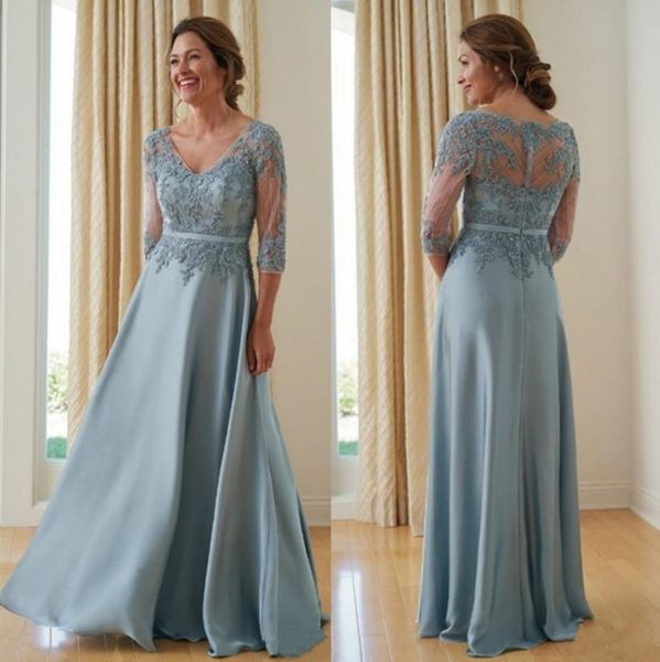 

light sky blue beaded mother of the bride dresses with long sleeves v neck evening gowns floor length appliqued wedding guest dress, Black;red