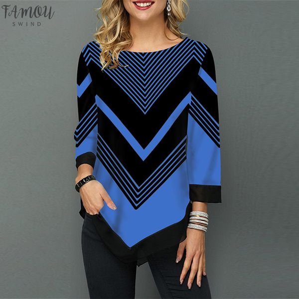 

irregular hem striped womens and blouses casual o neck three quarter sleeve blouse summer patchwork plus size tunic, White