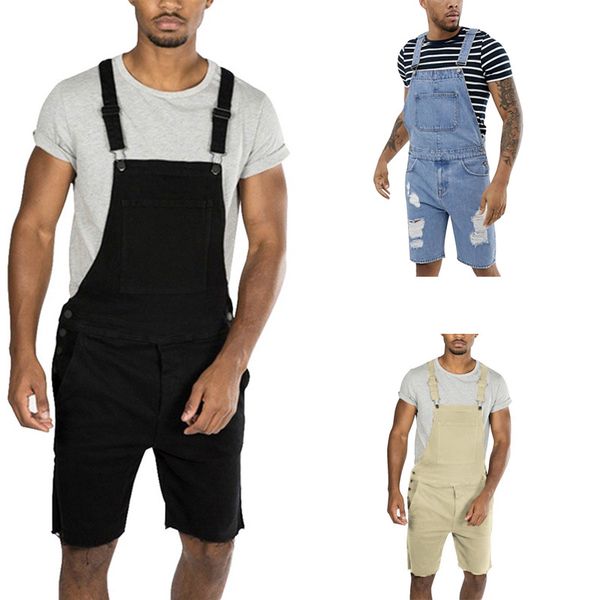 

olome new summer mens casual denim bib overall shorts pants solid jeans jumpsuit for homme black blue classic rompers large size