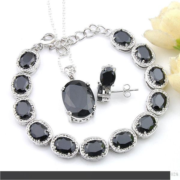 

luckyshine 3 pcs lot ellipse black onyx holiday jewelry sets 925 silver necklace woman's pendants stud earrings pendant