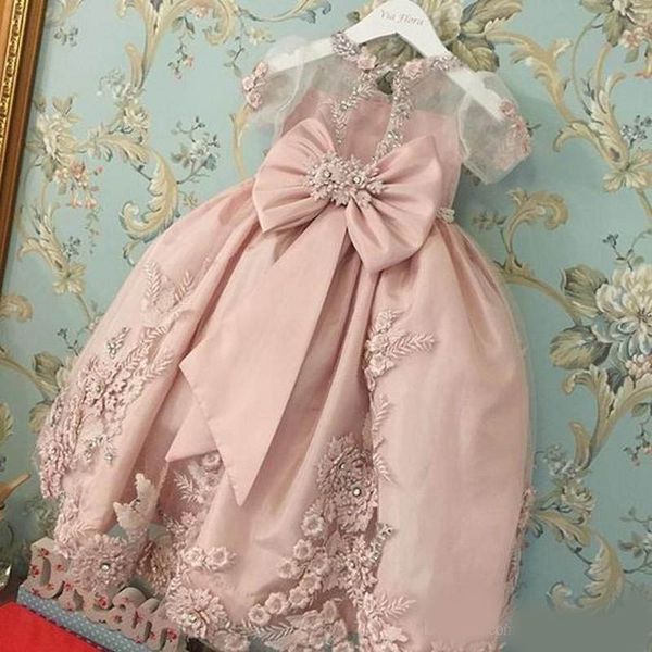 

pink princess little girls party dresses lace applique beads sheer short sleeves flower girl dresses kids pageant gowns custom made, White;red