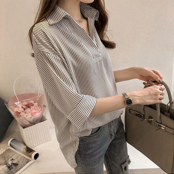 

2019 summer new korean modal loose large size striped shirt female mid sleeve blouse lady informal business shirts, White