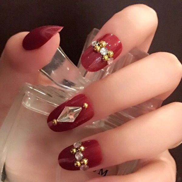

dropshipping fashion 24pcs/set fake nails tips crystal finish wedding brides nail art tips decor smj, Red;gold