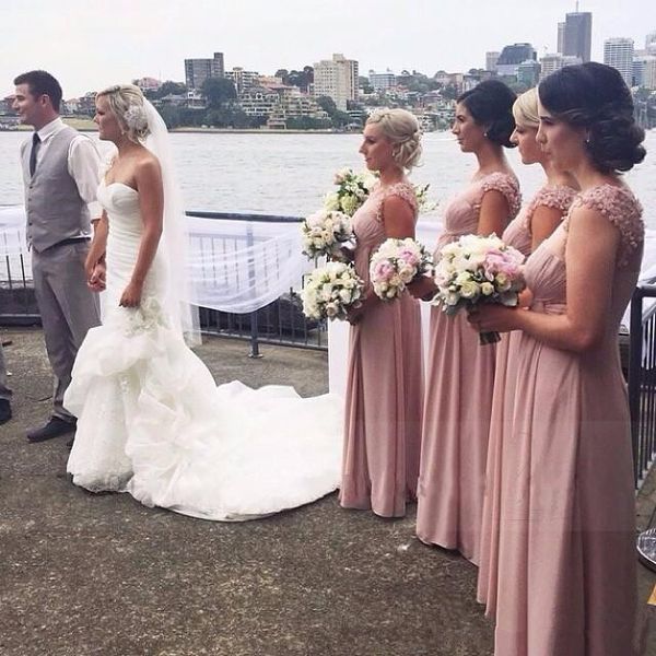 

blush long chiffon bridesmaid dresses with small flowers floor length maid of honor dress lace up, White;pink