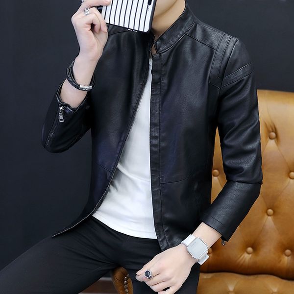 

hengzhiyu 2020 осень мужская дикая молодежь красивый pu кожаная куртка тонкий большой размер мотоциклетная одежда, Black