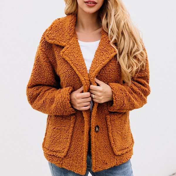 

casual outerwear pockets elegant faux fur coat women 2019 autumn winter warm soft button fur jacket female plush overcoat, Black