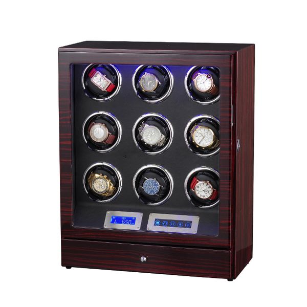 

new version 9+0 watches automatic watch winder box with led lights motor control wooden bobbin winder box, Black