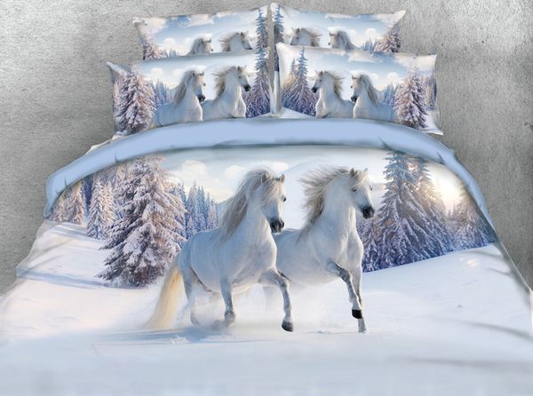

snow duvet cover 3d double horse 100%cotton bedding set super king bedlinen set white clouds forest quilt for bedroom decoration