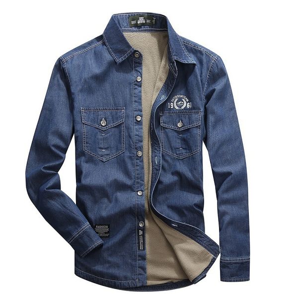 

men's autumn and winter new plus velvet thick warm jacket large size loose denim shirt men, White;black