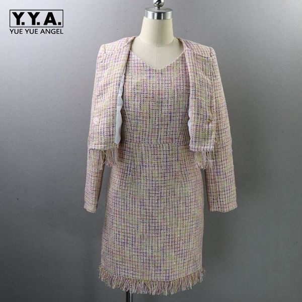 

two piece dress chic female and full tassel tweed 2 set women office outfits fashion fringed trim jacket coat, White