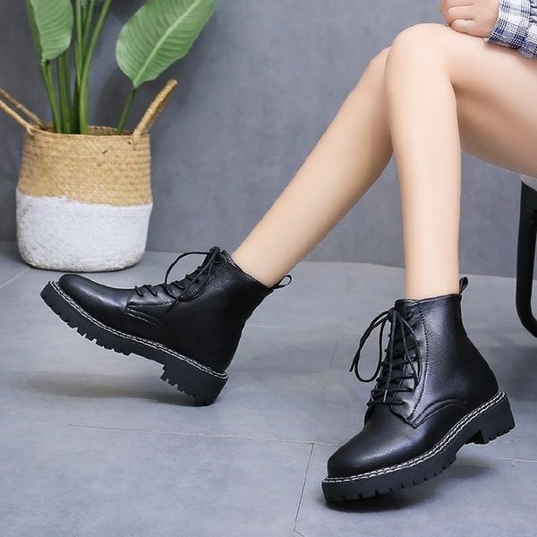 

warm plush winter boots women shoes woman solid black leather boots female lace up zipper ankle motorcycle plus size