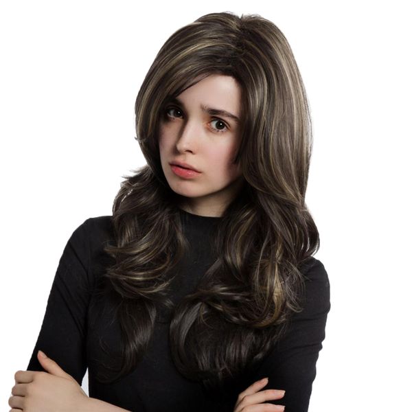 

women's wig long curly wavy wig brown with blonde highlights synthetic hair full wigs 23 inches, Black
