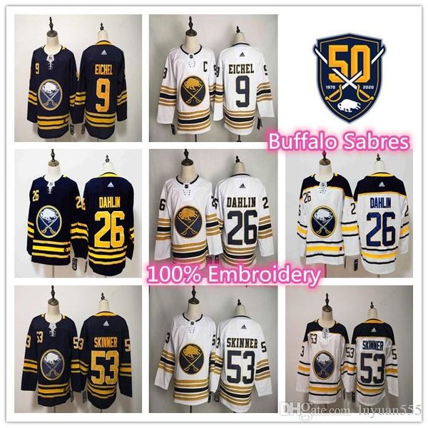 

мужчины баффали пятидесятый патч 9 айкел джерси 26 rasmus далин 53 джефф скиннер anniversary прошитого 2020, Black;red