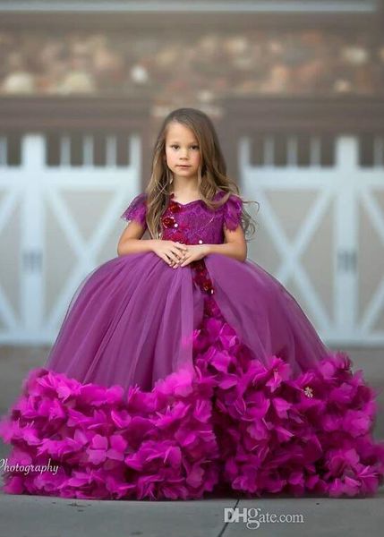 

2020 fuchsia cute ball gown flower girl dresses lace handmade flower v neck kids pageant dress long sleeve girls birthday party gowns, White;red