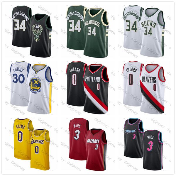 

Damian 0 Lillard Jersey Dwyane 3 Wade Giannis 34 Antetokounmpo 30 Curry Kyle 0 Kuzma Men Basketball Jerseys