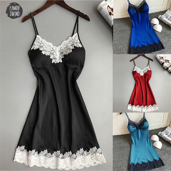 

sleepwear ladies silk satin night dress sleeveless nighties v neck nightgown big solid size nightdress lace nightwear for women, Black;red