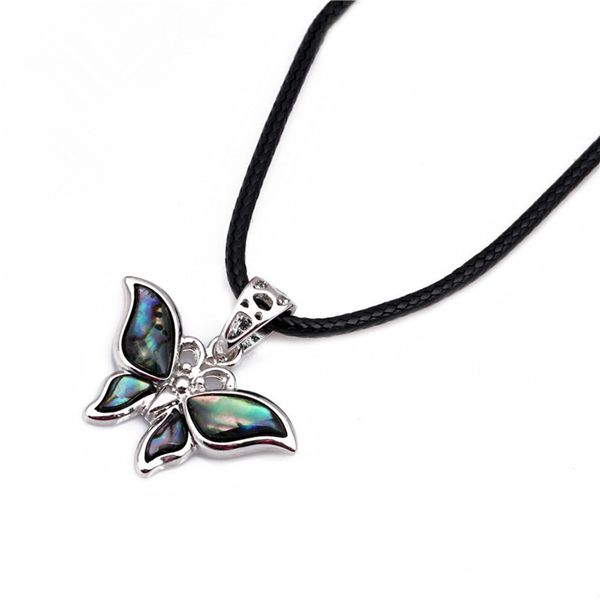 

wholesale 10 pcs silver plated lovely cat abalone shell pendant black rope chain necklace butterfly jewelry