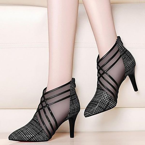 

woman ankle boots 2020 women mesh zip high heels fashion pointed toe ladies elegant women's breathable female casual shoes, Black