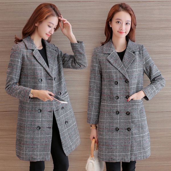 

fashion houndstooth trench coat women notched collar double breasted thickening slim outerwear 2019 autumn winter, Tan;black