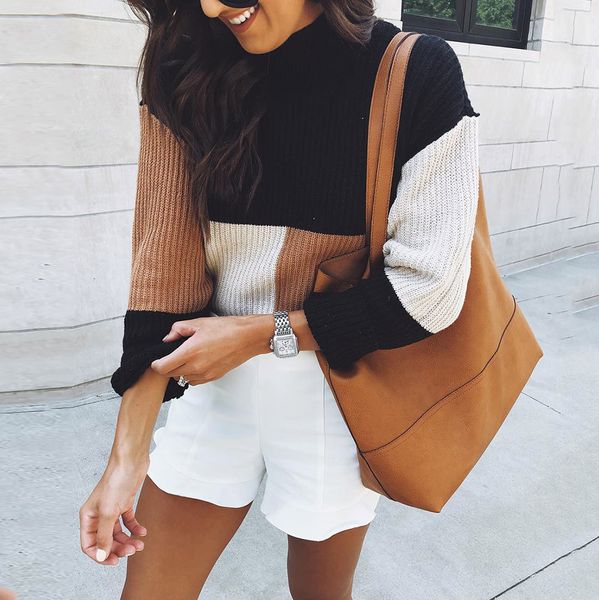 

women sweater fashion colorblock stand long sleeve knitted sweater jumper pullover autumn casual ladies women blouse, White;black