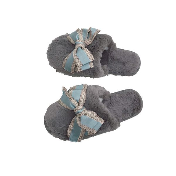 

warm fur house shoes women winter slippers bow non slip cute slippers women home shoes with fur cotton soft bottom fluffy slippers, Black