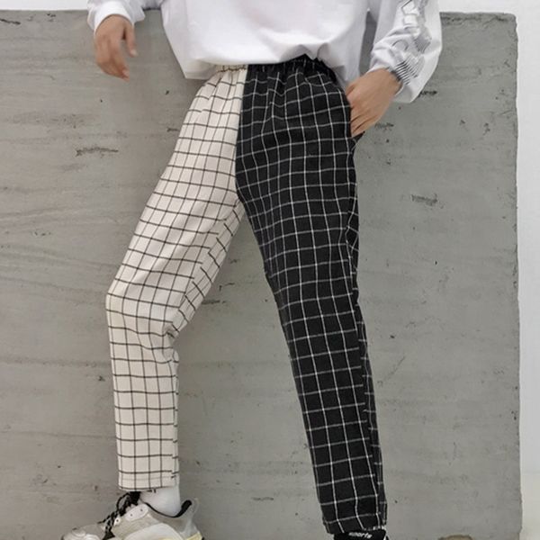 

monerffi vintage paid patchwork pants harajuku woman man trousers elastics high waist pants korean causal straight 2019, Black;white